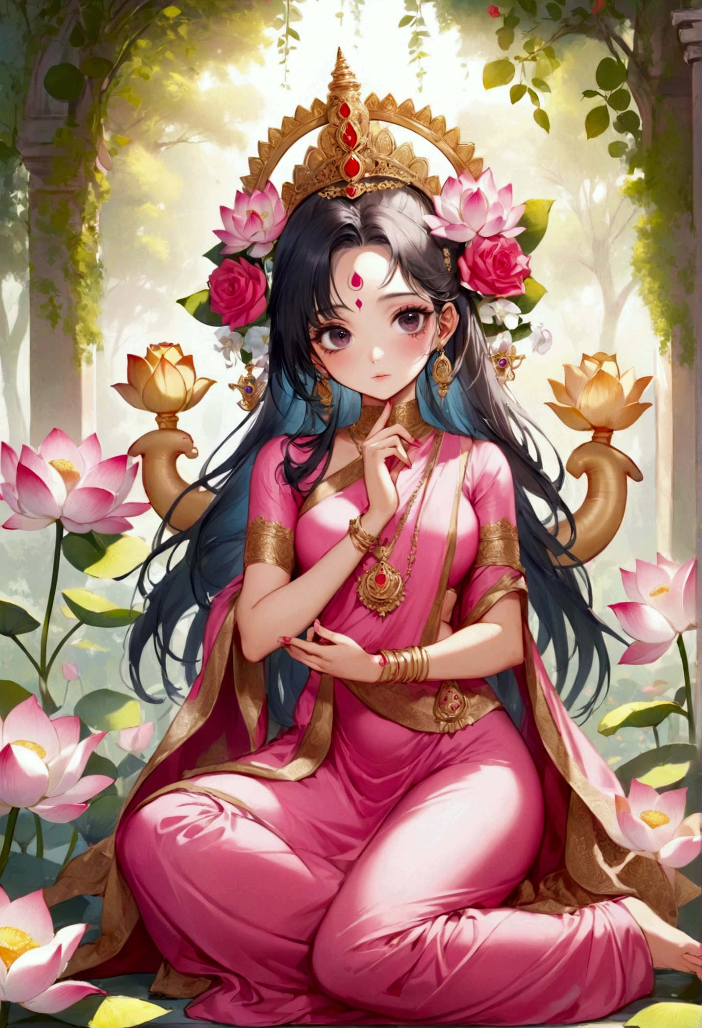 Goddess Uma Devi has piercing black eyes and wears a pink dress. She sits and holding Lord Ganesha in a loving embrace. She has 4 hands on each side, 5 fingers on each side. one hand holding gold One hand holds a large lotus flower. One hand holds a trident, one hand holds a khan. sitting on a red rose throne Surrounded by heavenly flower gardens