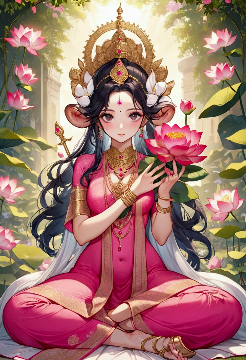 Goddess Uma Devi has piercing black eyes and wears a pink dress. She sits and holding Lord Ganesha in a loving embrace. She has 4 hands on each side, 5 fingers on each side. one hand holding gold One hand holds a large lotus flower. One hand holds a trident, one hand holds a khan. sitting on a red rose throne Surrounded by heavenly flower gardens
