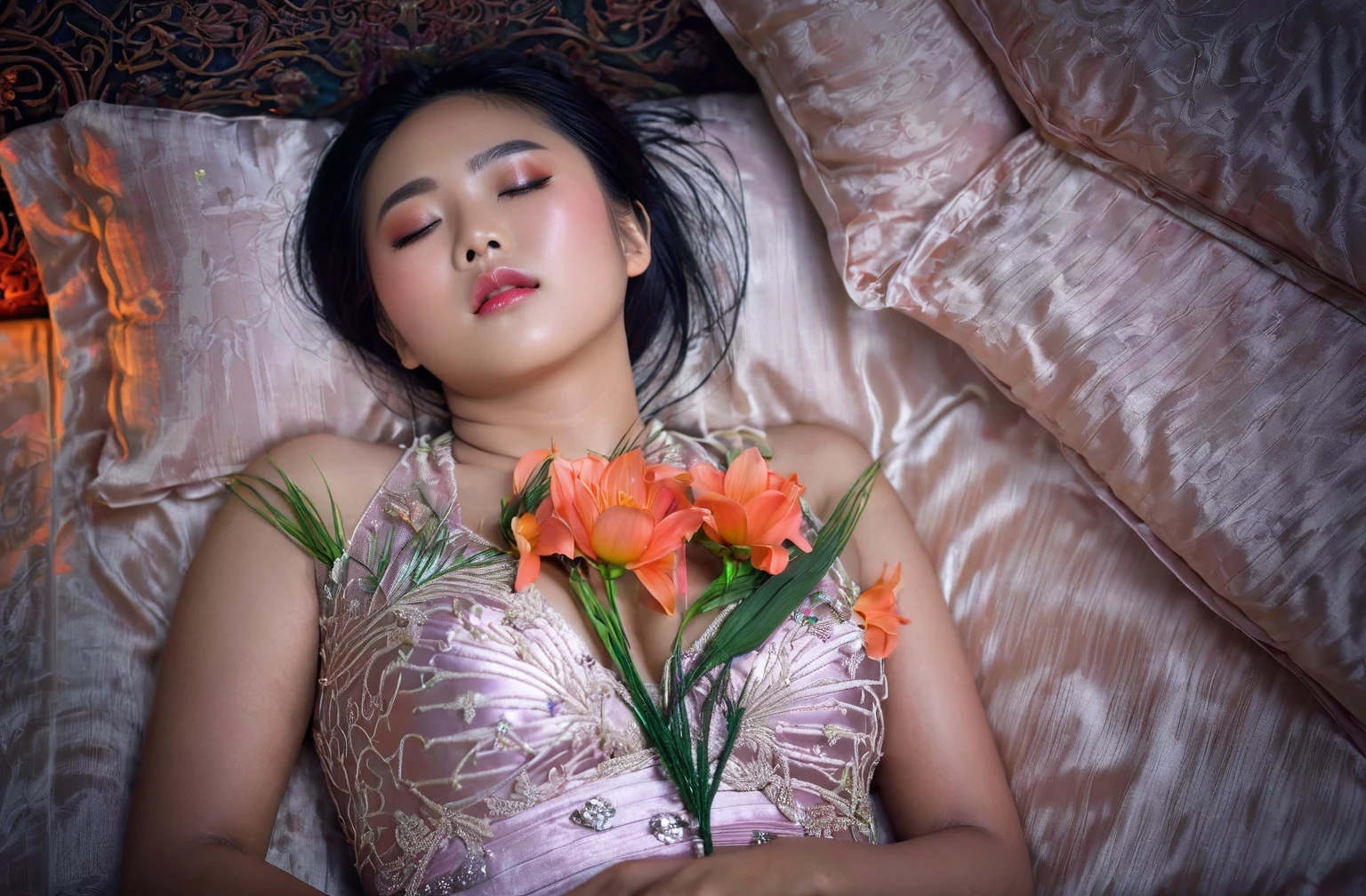 In a striking 8K HDR scene, a stunning Korean woman, 22 years old, lies peacefully in a black coffin surrounded by plush pillows. The deep box is set against a rich black background, accentuating the beauty of the subject. Her exquisite deep-V neckline kebaya attire is embroidered with superb detail, showcasing her round and firm breasts, perfect cleavage, and beautiful eyebrows. Her closed eyes and mouth give an air of serenity, while her visible and absolute cleavage leave nothing to imagination. The scene is bathed in saturated colors, highlighting every intricate aspect from the ball skirt to her clean face, straight body, detailed hand perfect hands, straight body, own hands together, own hand on stomach, detailed hands, perfect hands, holding the flowers.