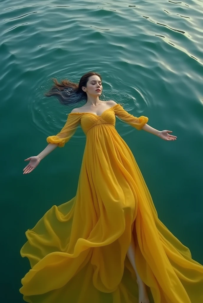 A perfect shot of a woman wearing a long yellow dress, emerging from the water, seen from the bottom of the lake, submerging herself in the water with her arms gracefully extended, her eyes closed, her lips closed and her legs stretched out. Her hands are almost touching the surface of the water. Perfect face, perfect hands, ultra-realistic, style of perfection, epic, realistic, cinemascope, no nudity, no see-through clothing