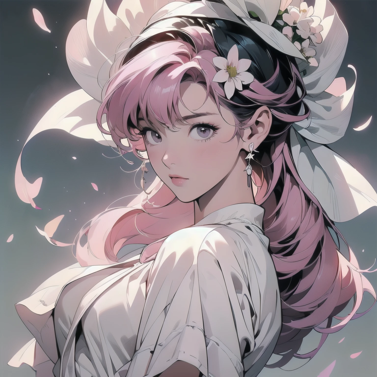(((trigun)))、Persona、Beautiful woman, Upper Body、Model Pose、mysterious、Small breasts、Black Hair、Short sleeve、(((pink hair))),Lots of flowers、Angel、(((Wear a white cloth on your head)))、ultra detailed hair, (((White flower)))