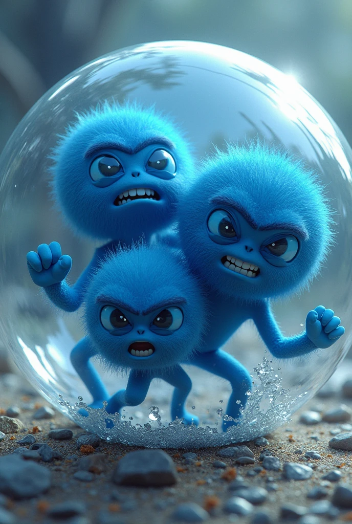 3 round blue balls with arms and legs inside a bubble trying to get out of the bubble, that they look aggressive.
