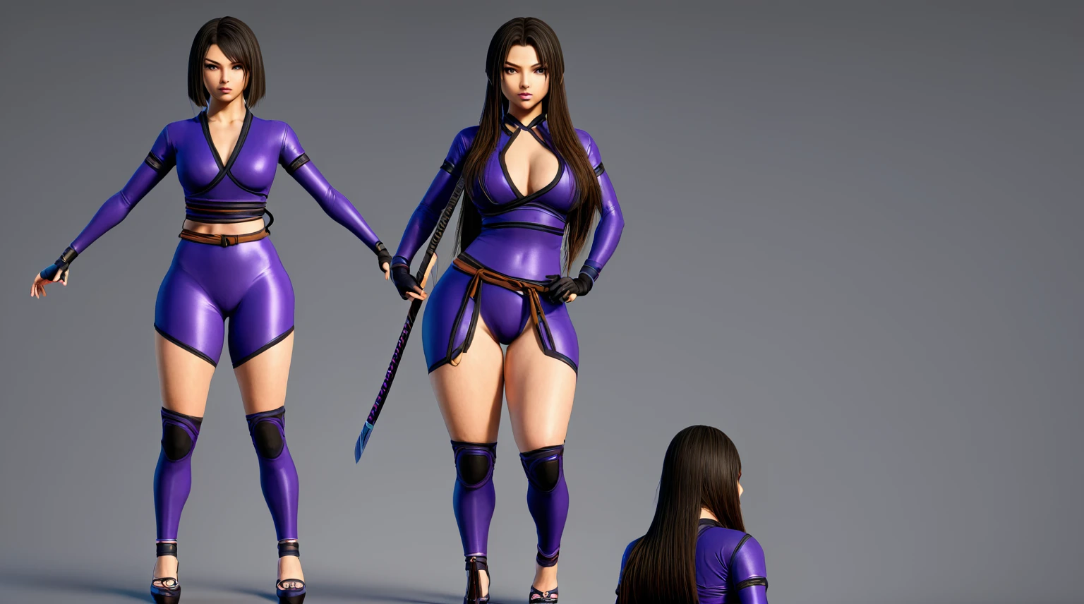 kunoichi, amazoness, bodysuit, slim, curvy, fit, concept, long hair, 3d, game character, ultra-detailed, Score_9, score_8_up, detailed face, detailed outfit, high quality, high detail, 8k, uhd