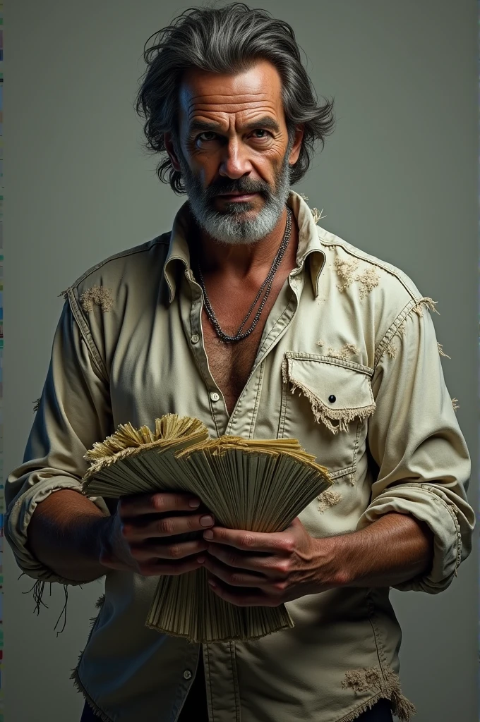 A man holds a big lump of money but wears a torn shirt.