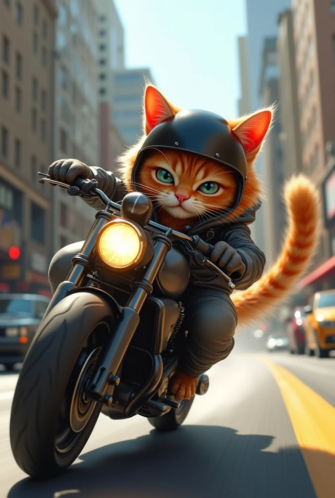 Orange cat riding a motorbike speeding around a corner wearing a cool hoodie and helmet