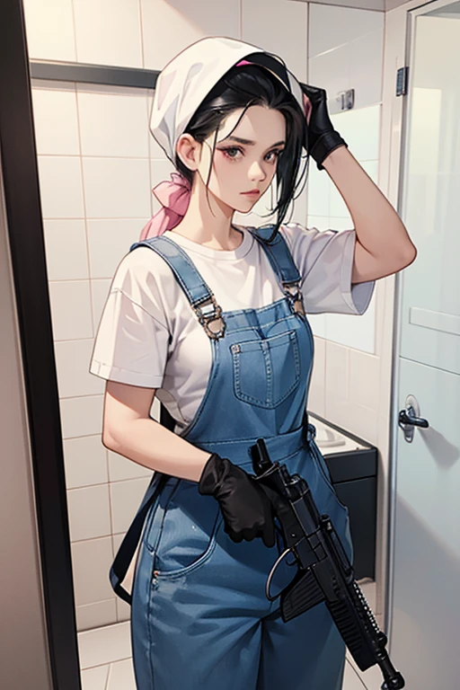 A mature woman with black hair tied up, wearing large pink rubber gloves, a white cloth wrapped around her head, blue overalls and a submachine gun in the bathroom