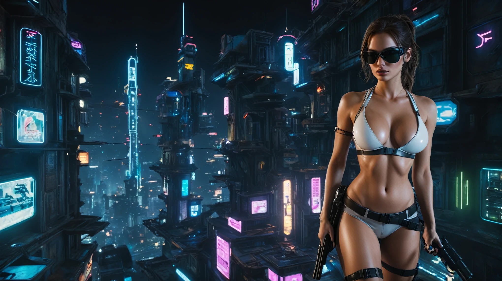 (aerial view, a flying cars docking platform, flying cars, a very dark abandoned futuristic city, neon lights), at night. A girl as Lara Croft, solo, alone, large-breast:1.2 slim body, cleavage:1.1, sexy miniskirt, (black sunglasses), (holding a pistol:1.8), dynamic pose, half-body thigh level medium shot, cinematic lighting, ray tracing.