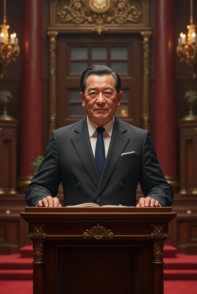 A man in a suit in parliament、67 years old.Black Hair、A sturdy face、all back、Add a deco