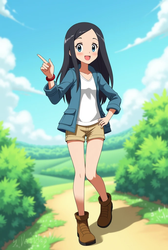 General description:
"A young girl with long, straight black hair, with a happy and friendly expression. She has a slim figure and delicate and expressive facial features.."
Clothes and accessories:
"Dressed in a light dark blue jacket over a white t-shirt, along with beige shorts. She also wears brown adventure-style boots and a red ribbon around her left wrist as an accessory.."
Expression and Posture:
"With a happy and confident expression, standing in a natural posture, with one hand on the hip and the other raised as if he were waving or pointing at something."
Environment and background:
"In a vibrant environment reminiscent of a Pokémon landscape, like an open field or meadow, with green vegetation and a clear sunny sky."
artistic style:
"Anime or manga style, maintaining the aesthetics and visual characteristics of the Pokémon characters."
