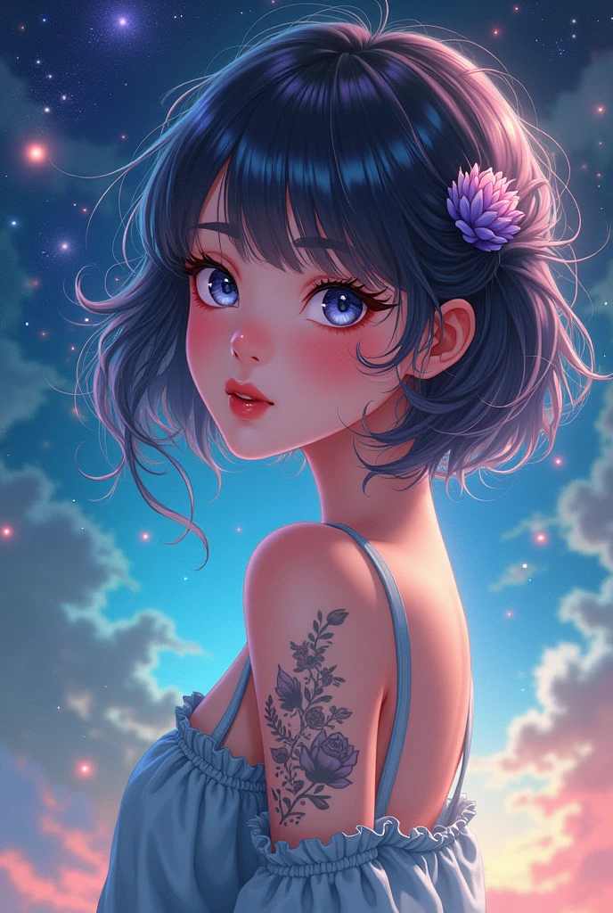 Cute girl with a great scent and a tattoo on her animated skin and a universe landscape 