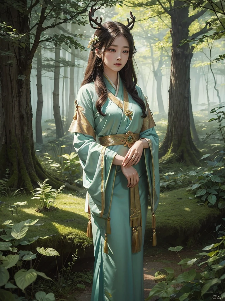 A mystical painting of a 鹿女 with elegant antlers and graceful limbs, adorned with spots and deer-like features, standing in a sunlit forest glade. The background features tall trees and soft, dappled sunlight filtering through the leaves, creating a serene atmosphere. The 鹿女 is depicted with a gentle expression, her eyes glowing with a soft green light as she channels her healing and nature-controlling abilities. Created Using: watercolor style, impressionist influence, soft brush strokes, warm color palette, naturalistic details, ethereal
