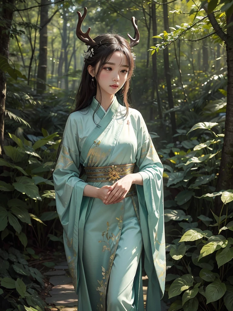 A mystical painting of a 鹿女 with elegant antlers and graceful limbs, adorned with spots and deer-like features, standing in a sunlit forest glade. The background features tall trees and soft, dappled sunlight filtering through the leaves, creating a serene atmosphere. The 鹿女 is depicted with a gentle expression, her eyes glowing with a soft green light as she channels her healing and nature-controlling abilities. Created Using: watercolor style, impressionist influence, soft brush strokes, warm color palette, naturalistic details, ethereal