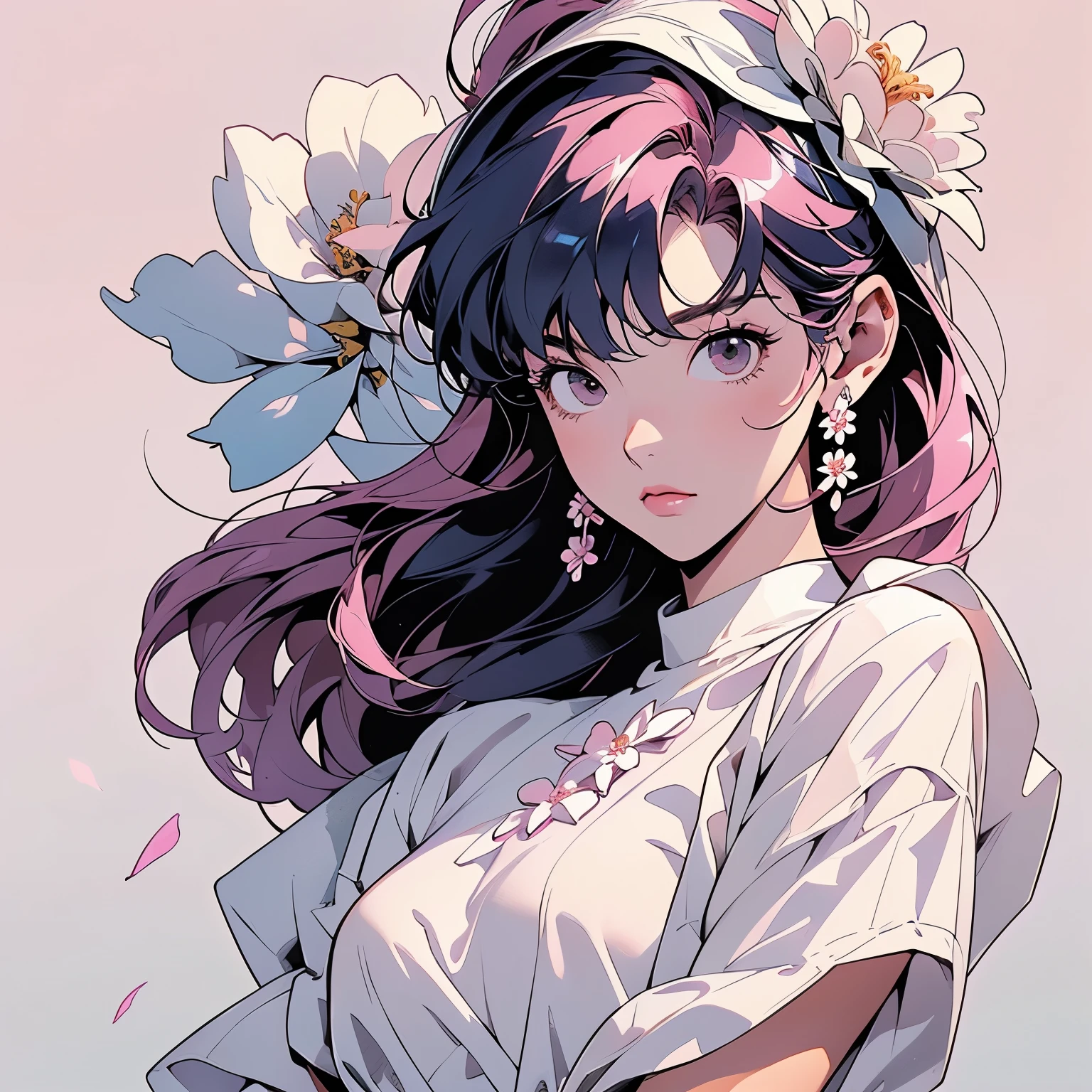 (((trigun)))、Persona、Beautiful woman, Upper Body、Model Pose、mysterious、Small breasts、Black Hair、Short sleeve、(((pink hair))),Lots of flowers、Angel、(((Wear a white cloth on your head)))、ultra detailed hair, (((White flower)))