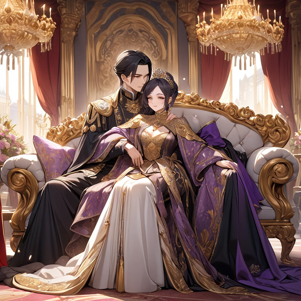 ((Highest quality)), ((masterpiece)), (detailed), （Perfect Face）、The woman is Shinobu Kocho, a Russian with black hair with purple gradient ends, tied in a bob hairstyle, an elegant, graceful and beautiful Russian noblewoman, and the Empress of the Great Russian Empire.、The woman is beautifully dressed in the gorgeous and glittering gold-colored ancient Russian court dress of an ancient Russian empress, accessorized with luxurious accessories and kokoshniks.、The woman is standing next to a great and dignified old Russian emperor.、A woman is sitting happily and affectionately with a great old Russian emperor on a luxurious sofa in a palace, hugging and kissing him、The woman loves the emperor with all her heart.