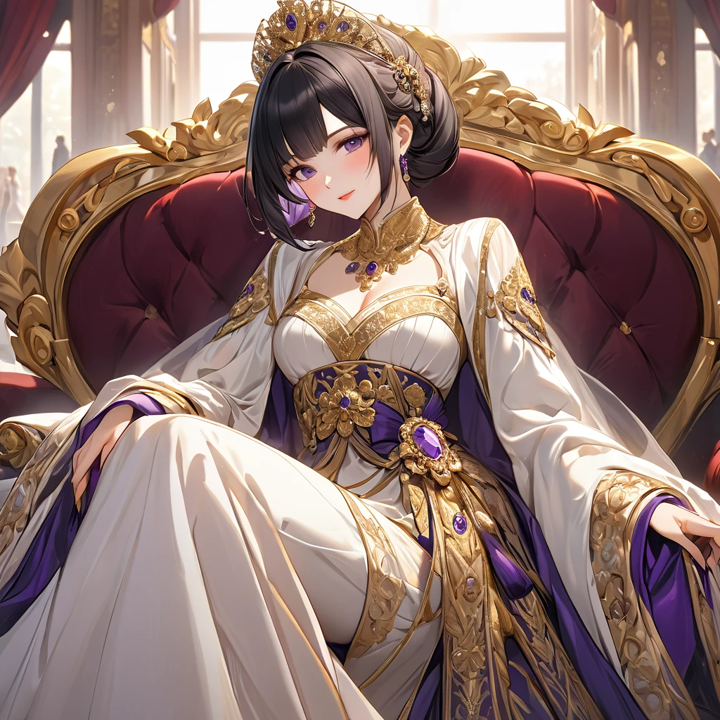 ((Highest quality)), ((masterpiece)), (detailed), （Perfect Face）、The woman is Shinobu Kocho, a Russian with black hair with purple gradient ends, tied in a bob hairstyle, an elegant, graceful and beautiful Russian noblewoman, and the Empress of the Great Russian Empire.、The woman is beautifully dressed in the gorgeous and glittering gold-colored ancient Russian court dress of an ancient Russian empress, accessorized with luxurious accessories and kokoshniks.、The woman is standing next to a great and dignified old Russian emperor.、A woman is sitting happily and affectionately with a great old Russian emperor on a luxurious sofa in a palace, hugging and kissing him、The woman loves the emperor with all her heart.