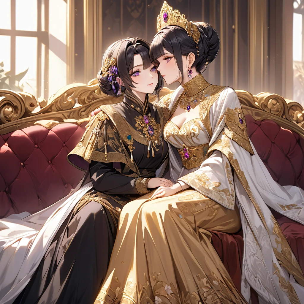 ((Highest quality)), ((masterpiece)), (detailed), （Perfect Face）、The woman is Shinobu Kocho, a Russian with black hair with purple gradient ends, tied in a bob hairstyle, an elegant, graceful and beautiful Russian noblewoman, and the Empress of the Great Russian Empire.、The woman is beautifully dressed in the gorgeous and glittering gold-colored ancient Russian court dress of an ancient Russian empress, accessorized with luxurious accessories and kokoshniks.、The woman is standing next to a great and dignified old Russian emperor.、A woman is sitting happily and affectionately with a great old Russian emperor on a luxurious sofa in a palace, hugging and kissing him、The woman loves the emperor with all her heart.