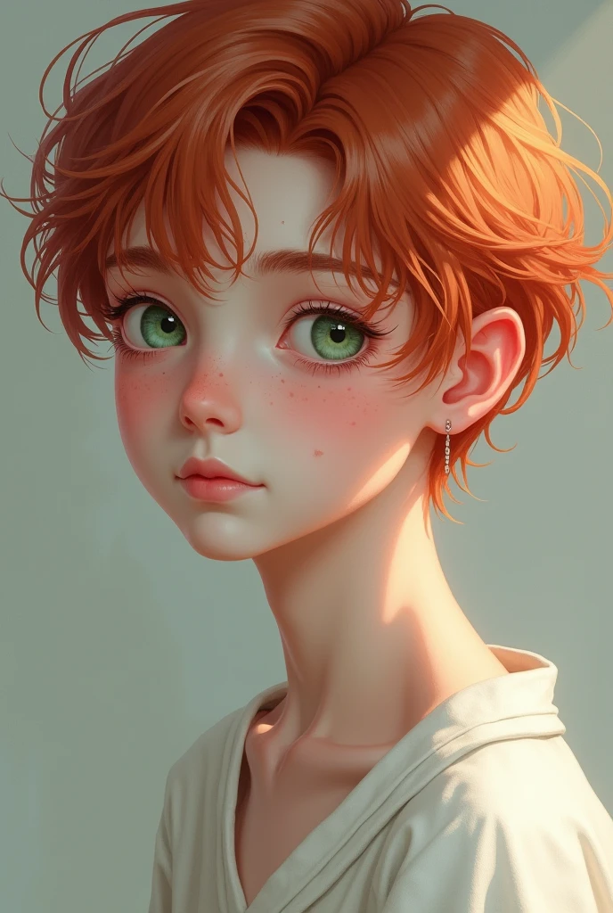 A boy with light red hair, with darker highlights that contrast with the skin. The greenish eyes, with an intense shine that varies between light green and grayish blue, depending on the light. The pinkish white skin, with freckles that spread across her face and shoulders, as if they were drops of sun. with a penetrating gaze. And clothes that you prefer light and flowing clothes, like white linen or pastel shades