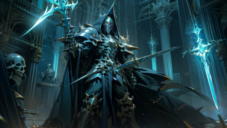 Dark Lord Peer. full body shot, full body shot, full body photo, High level image quality、8k、real live action、Original photo best quality、masterpiece, high resolution, He is made of skeletons and wears black skeleton armor., He holds a giant claymore sword, the Greatsword of Doom, which is taller than he is.. There is a blue light shining on his face., As expected of the Dark Lord, an aura appears, There are skeletons around him.. Overwhelming scale