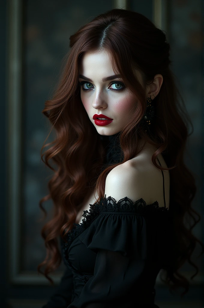 body hair: brown, long and full, with defined curls.
Skinned: white, with a pale tone.
eyeballs: Pulled, with striking eyeliner.
gura: very red.
vestimentas: Gothic style, with details like lace, predominant black, and an elegant and mysterious look.