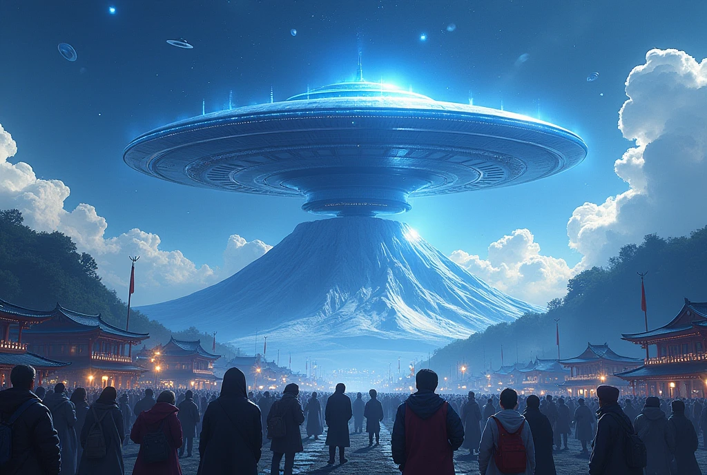 Highest quality、artwork、Ultra-high resolution、(Realist:1.4)、Super old、Super huge metallic blue UFO city、 ((Landing Mountain..Fuji))、Crowd looks up,meteor、UFO Swarm