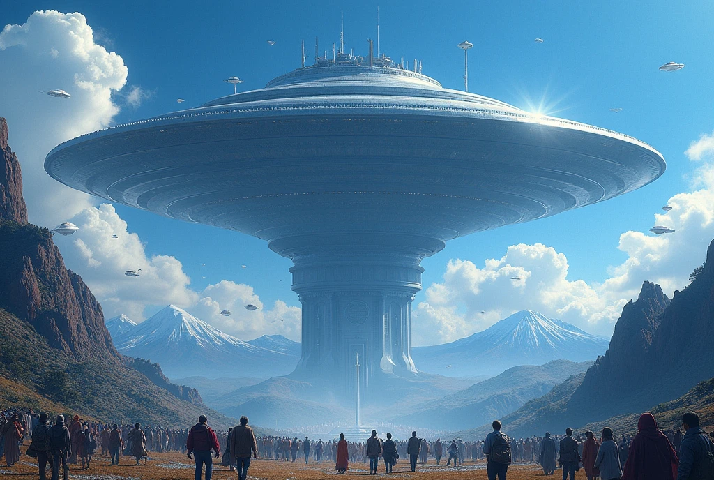 Highest quality、artwork、Ultra-high resolution、(Realist:1.4)、Super old、Super huge metallic blue UFO city、 ((Landing Mountain..Fuji))、Crowd looks up,meteor、UFO Swarm