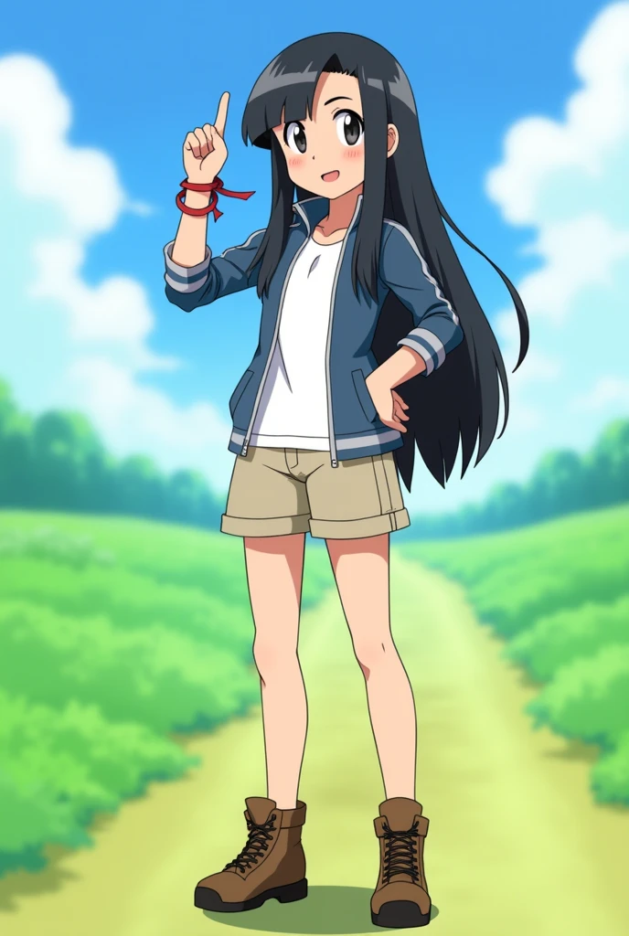 General description:
"A young girl with long, straight black hair, with a happy and friendly expression. She has a slim figure and delicate and expressive facial features.."
Clothes and accessories:
"Dressed in a light dark blue jacket over a white t-shirt, along with beige shorts. She also wears brown adventure-style boots and a red ribbon around her left wrist as an accessory.."
Expression and Posture:
"With a happy and confident expression, standing in a natural posture, with one hand on the hip and the other raised as if he were waving or pointing at something."
Environment and background:
"In a vibrant environment reminiscent of a Pokémon landscape, like an open field or meadow, with green vegetation and a clear sunny sky."
artistic style:
"Anime or manga style, maintaining the aesthetics and visual characteristics of the Pokémon characters."