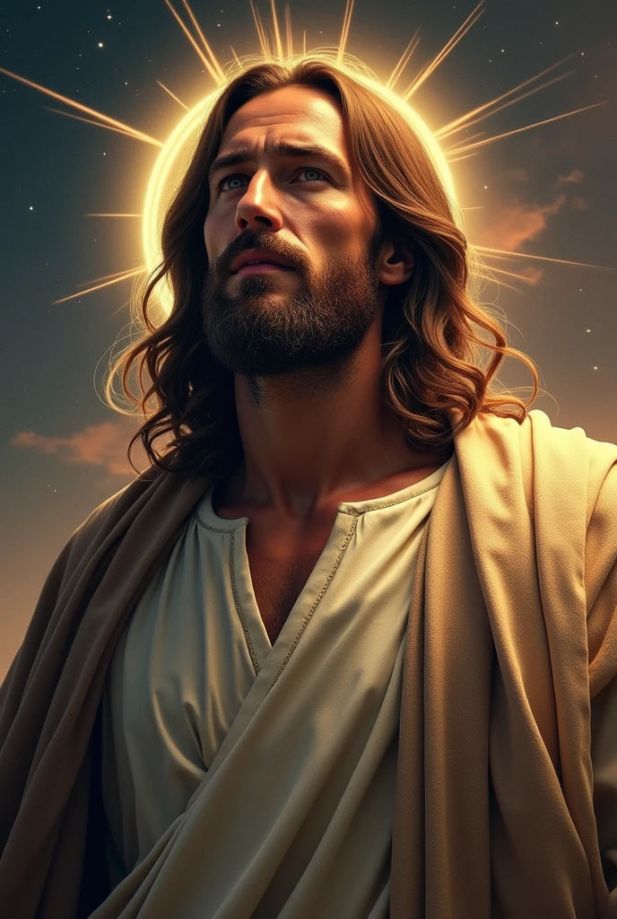 Imagine a cinematic scene in the Marvel style, featuring Jesus Christ in a realistic manner. The image should be from the waist up, highlighting an imposing and majestic appearance. Jesus has a serene and powerful expression, wearing a robe with modern details and a soft aura of light around his head, like a subtle halo. His hair and beard are well-groomed with a touch of realism. The background is dramatic, with a starry sky and light effects that emphasize his presence. The color palette is rich and vibrant, with tones of gold and deep blue, reflecting an epic cinematic style