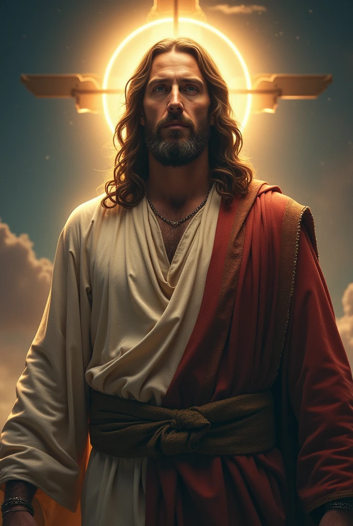 Imagine a cinematic scene in the Marvel style, featuring Jesus Christ in a realistic manner. The image should be from the waist up, highlighting an imposing and majestic appearance. Jesus has a serene and powerful expression, wearing a robe with modern details and a soft aura of light around his head, like a subtle halo. His hair and beard are well-groomed with a touch of realism. The background is dramatic, with a starry sky and light effects that emphasize his presence. The color palette is rich and vibrant, with tones of gold and deep blue, reflecting an epic cinematic style
