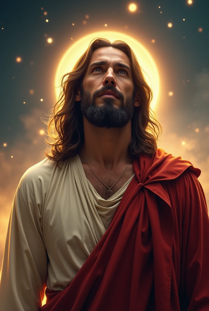Imagine a cinematic scene in the Marvel style, featuring Jesus Christ in a realistic manner. The image should be from the waist up, highlighting an imposing and majestic appearance. Jesus has a serene and powerful expression, wearing a robe with modern details and a soft aura of light around his head, like a subtle halo. His hair and beard are well-groomed with a touch of realism. The background is dramatic, with a starry sky and light effects that emphasize his presence. The color palette is rich and vibrant, with tones of gold and deep blue, reflecting an epic cinematic style