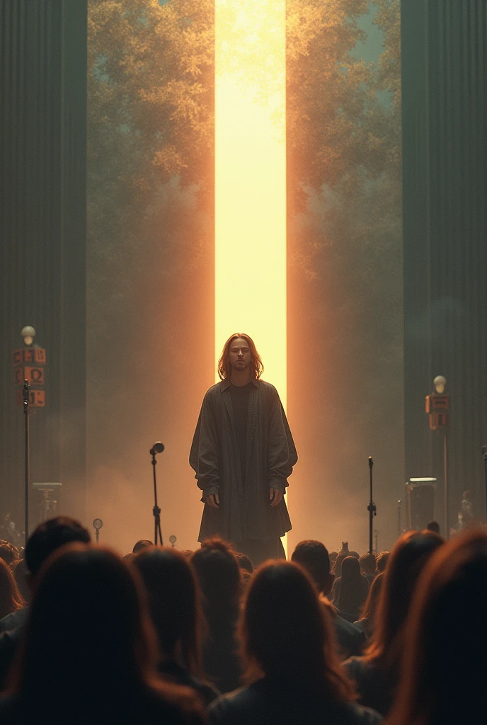 I want you to create an image where it doesn't look like it was made by AI, but it looks more like Photoshop, where you perform Dani Ribba's song, where you allude to the fact that there are a thousand infinite doors and the last one is illuminated