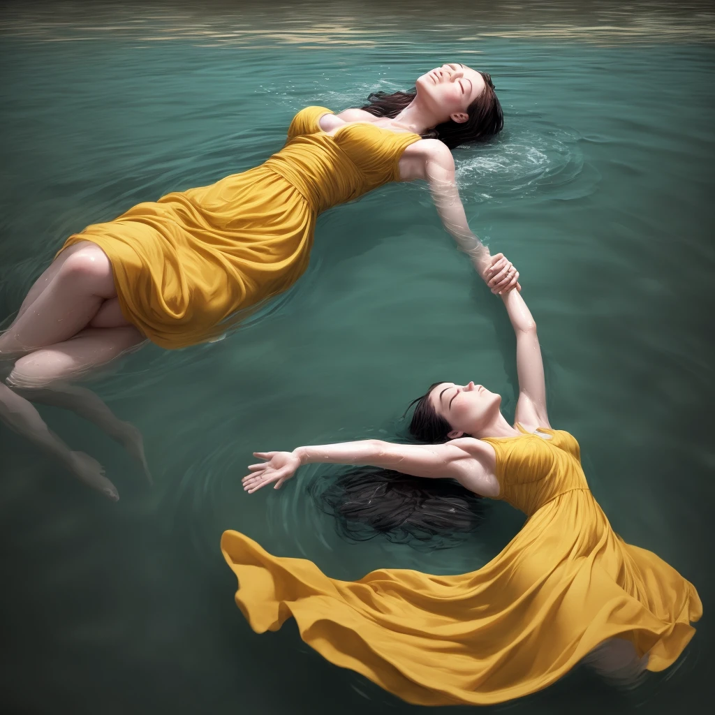 A perfect shot of a woman wearing a long yellow dress, emerging from the water, seen from the bottom of the lake, submerging herself in the water with her arms gracefully extended, her eyes closed, her lips closed and her legs stretched out. Her hands are almost touching the surface of the water. Perfect face, perfect hands, ultra-realistic, style of perfection, epic, realistic, cinemascope, no nudity, no see-through clothing