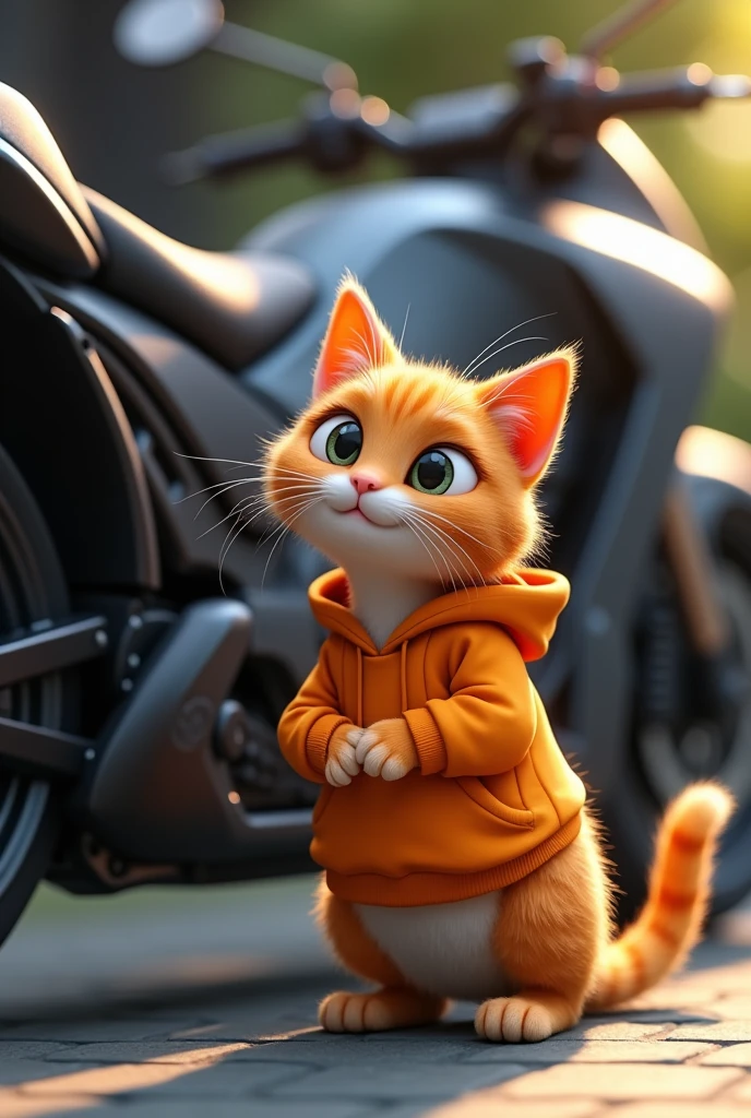 Male orange cat wearing hoodie standing near cool motorbike