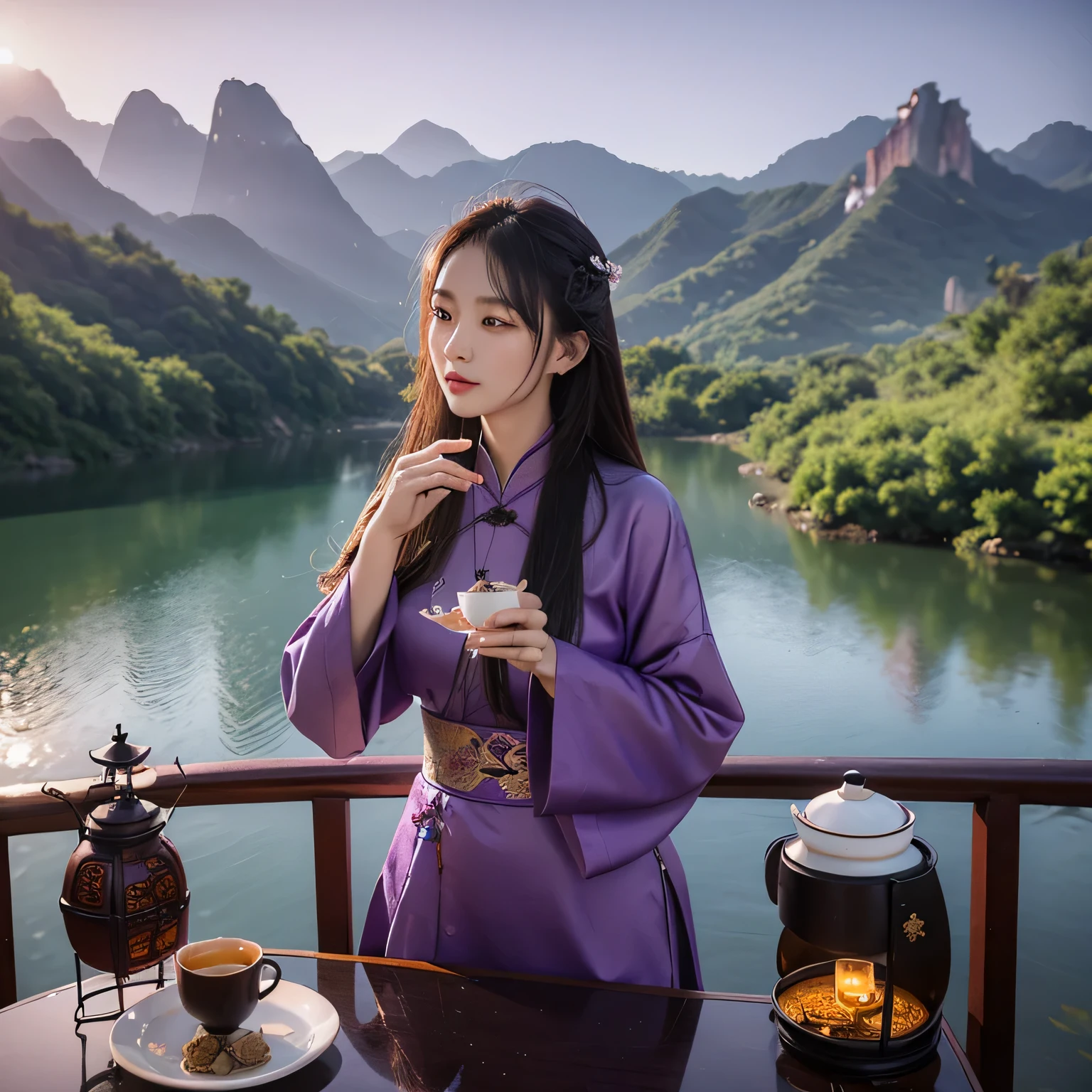 9 purple roses，Qixi Valentine's Day，Drink Wuyi Rock Tea，Kung Fu tea、Outdoor Still Life，Between Mountains and Rivers，Realistic style
