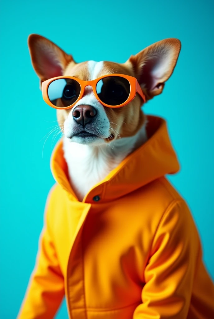 The best cell phone wallpaper, Award-Winning Wallpaper, portrait photography, In the front view is a portrait of a cute dog wearing mid-1960s space age fashion, Side view photo, Shot with Canon EOS R5, Set a strong contrast that accentuates the subject, Fluorescent blue tone, Wearing a very modern coat and sunglasses is a modern 1960s style, Clothes all in one color, beautiful background