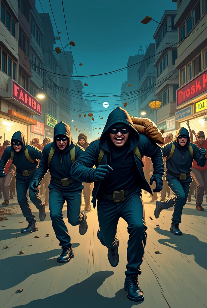 The robbers in robber dress running and panicking to left and a lot of Normal city people chasing them with bike,cars with big bat sticks to beat them up at mid night in Bangladesh . funny catoonish