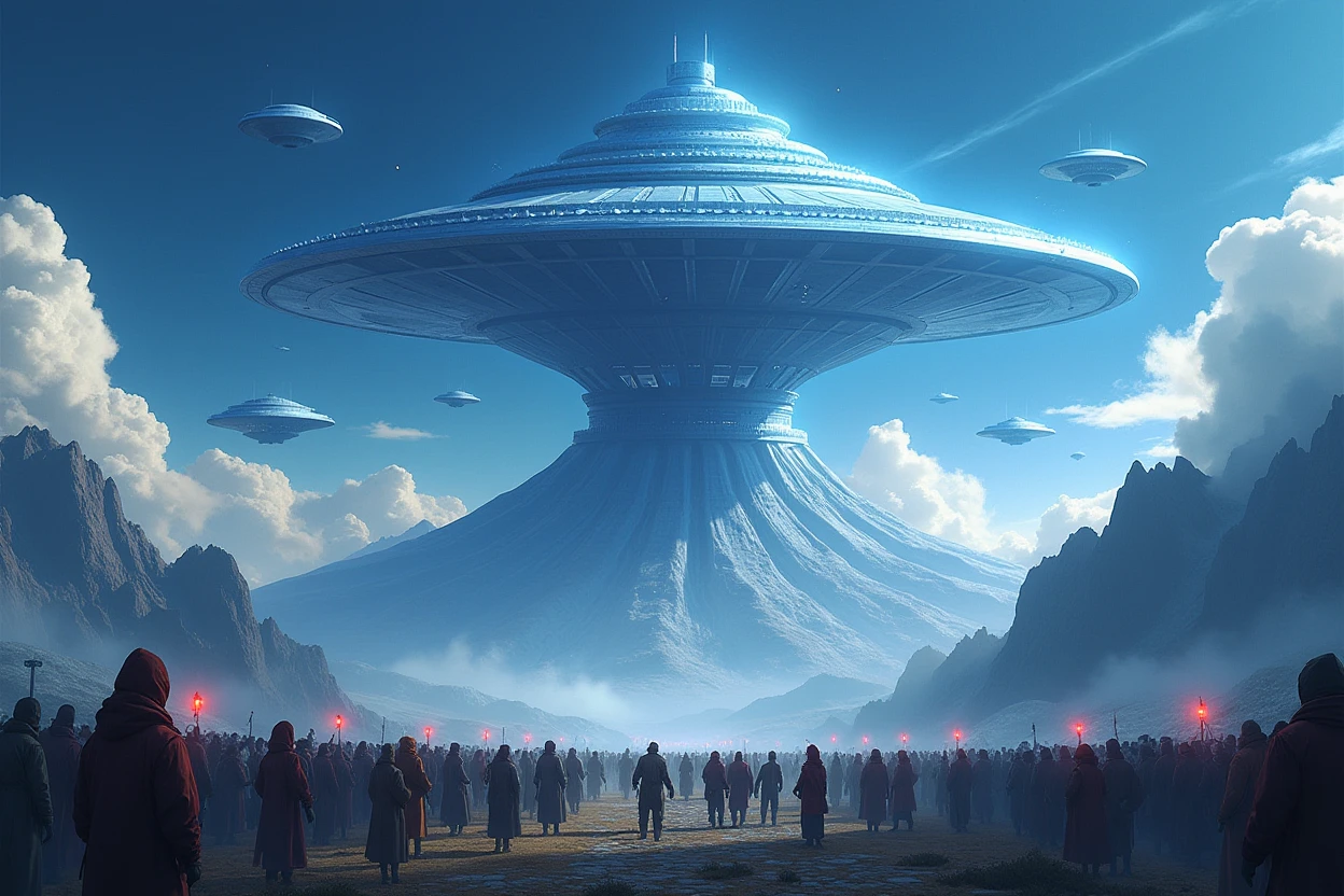 Highest quality、artwork、Ultra-high resolution、(Realist:1.4)、Super old、Super huge metallic blue UFO city、 ((Landing Mountain..Fuji))、Crowd looks up,meteor、UFO Swarm