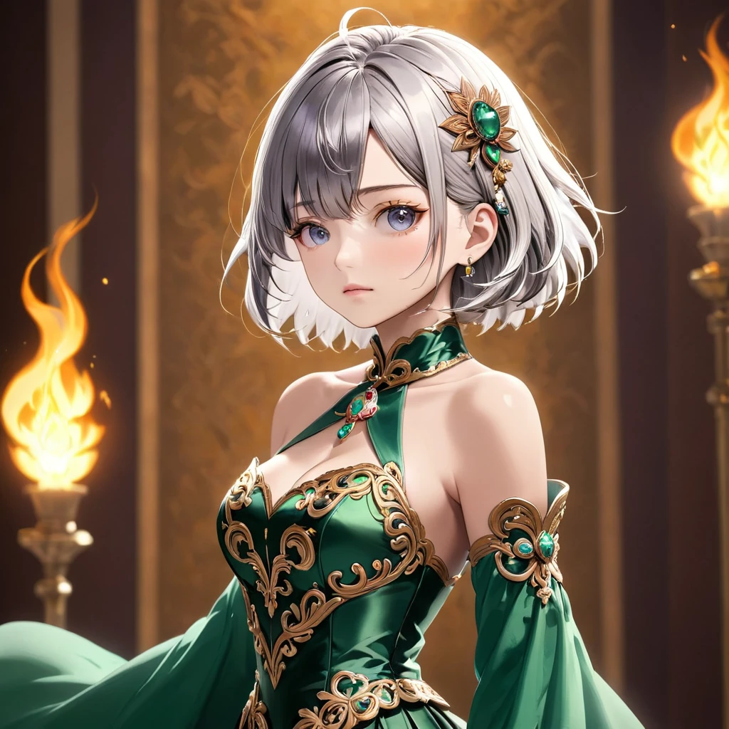 (perfect quality, perfect anatomy, perfect body, beautiful, masterpiece, ultra detailed, 32K, anime style), ((on front, full body:1.4)), 1girl, 17 years old, (shiny silver hair), (Airy bob cut, bang between eyes, beautiful hair, glossy silver eyes, beautiful eyes, twinkle eyes, large breast), 1 beautiful girl, cute face, beautiful face, pretty face, beautiful, best quality, good anatomy, shiny skin, Stand up straight with good posture, BREAK
(Draconic Majesty-inspired glossy silk dress, featuring elements of dragon scales and fire, with a color palette of emerald green and bronze:1.2),
(dress has a fitted bodice with a high neckline, adorned with intricate scale patterns in shimmering emerald and bronze thread, sleeves are long and dramatic, with flame-like appliques in metallic fabric:1.2),
((skirt is floor-length with a mermaid silhouette), crafted from layers of silk and organza, creating a flowing effect that mimics the movement of dragon wings, hemline is embellished with beadwork and fiery motifs:1.2),
(Accessories include a bronze tiara with dragon motifs and matching earrings, completing the regal and mystical look), BREAK Ballroom in a top-of-the-line hotel,