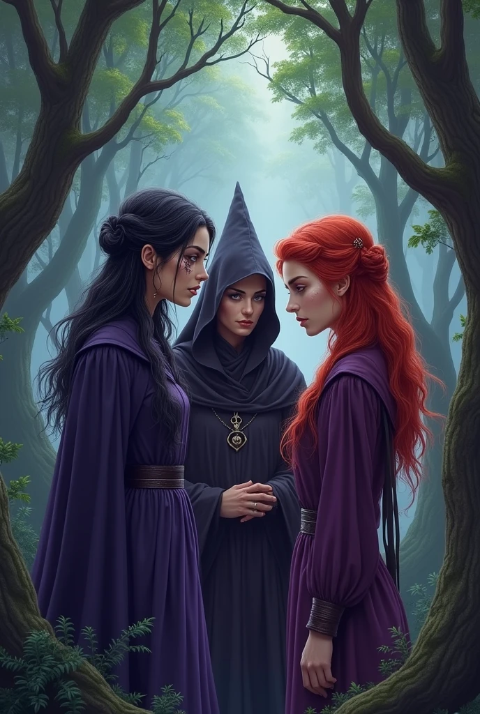 Create purple cover, with a large forest showing three people in the middle, Two witches with a serious look looking forward, one with black hair and a scar on her eye, the other redhead. At his side is a sorcerer who keeps his gaze quite serious on the redhead.