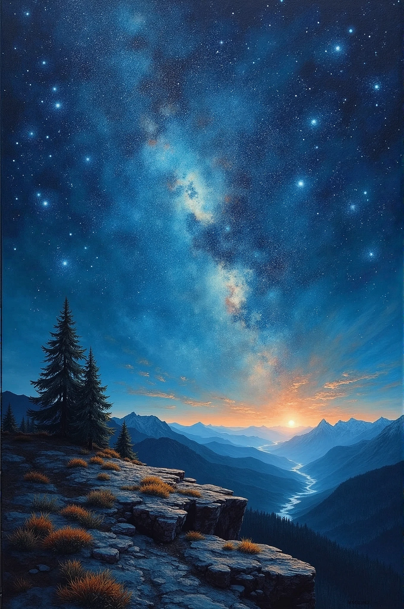 Painting of a night sky with stars and a mountain range - SeaArt AI