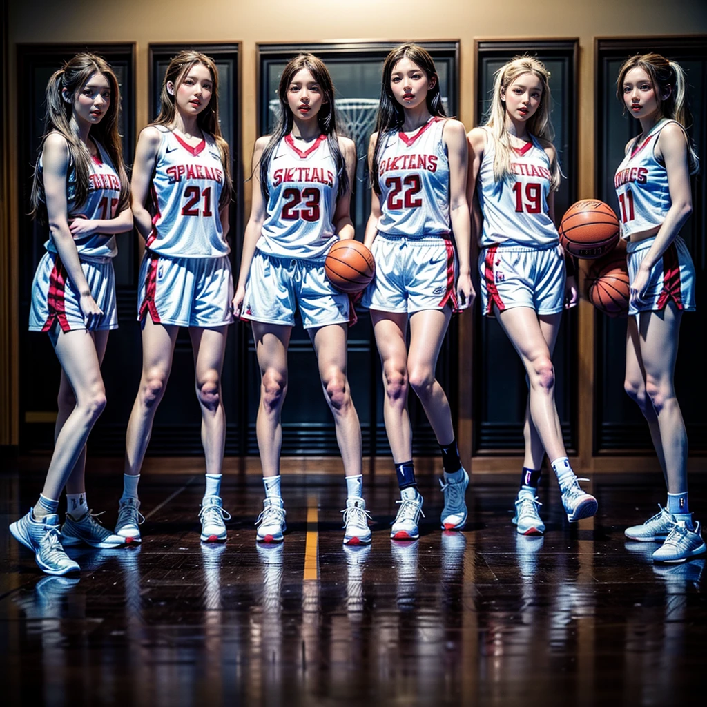 ExtremelyDetailed (((Basketball Team Girls in a row:1.4))), Childish perfect face, Reflective Eyes, Detailed(Delicate Clothing textures), Corrected Leg to Foot Line, Corrected Perfect Hand, Dynamic Joyful Expressions LifeLike Rendering, ((Specular Reflection:1.28)), TopQuality 8K Ultra-detailed masterpiece (ProfessionalPhoto:1.37)(Acutance:0.8),(Luminism:1.22), Locker room (Exposed) (Changing clothes)