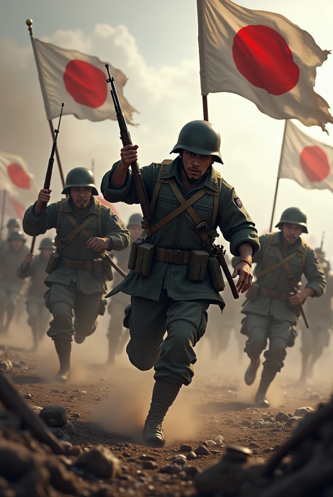 A dynamic battlefield scene with Japanese soldiers charging forward with intense expressions, waving flags, and shouting. Capture the movement and chaos of the charge, with the backdrop of a smoky battlefield.