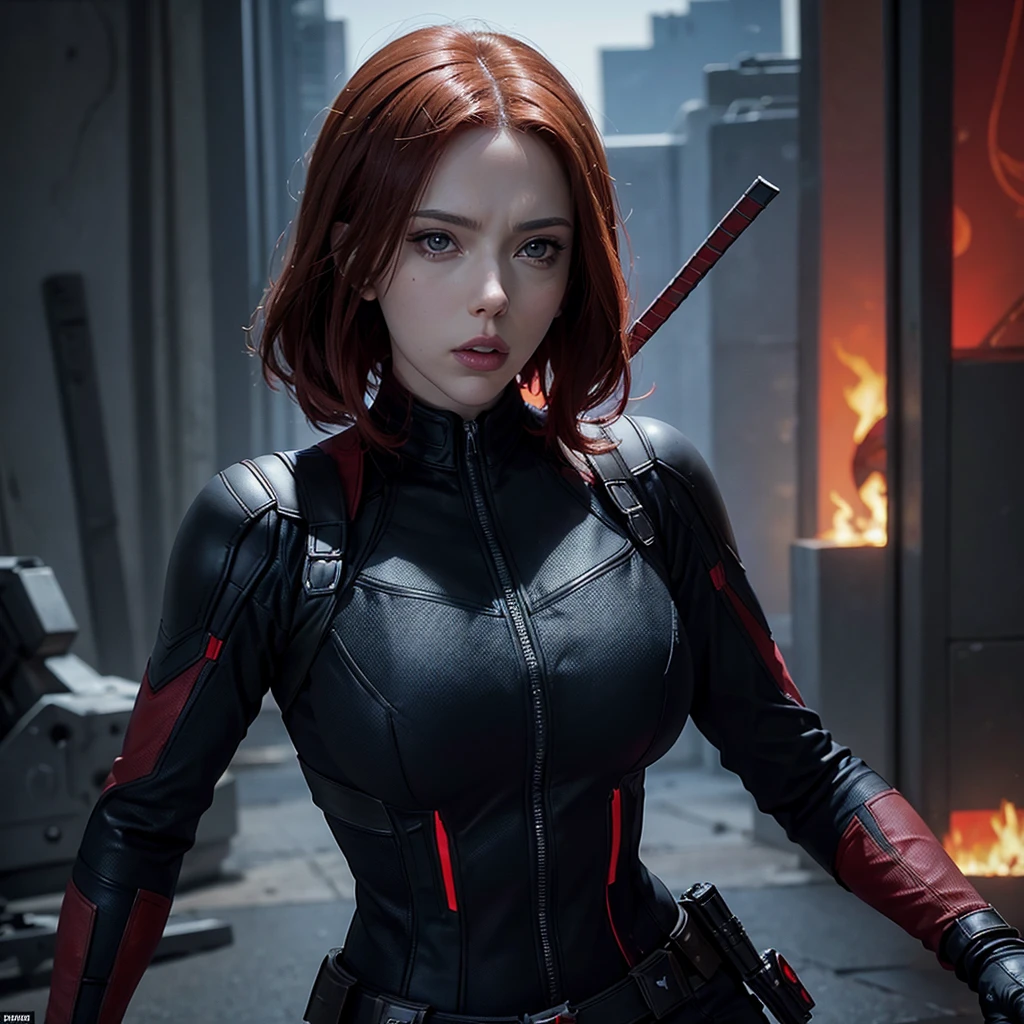 the Black widow from Marvel films, using a Deadpool costume suite without the mask, Scarlett Johansson's faces
