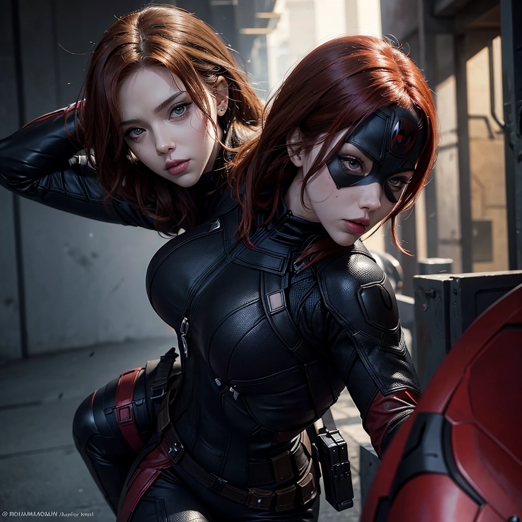 Yvonne Strahovski、masterpiece、High quality 4K、villain (X-Men)、Gothic Girl、Sculpted Body Gothic Makeup、Black jacket、Red and blue bodysuit、masterpiece、highest quality、Cowboy Shots、one personの女の子、one person、Technology Military Bodysuit、fringe