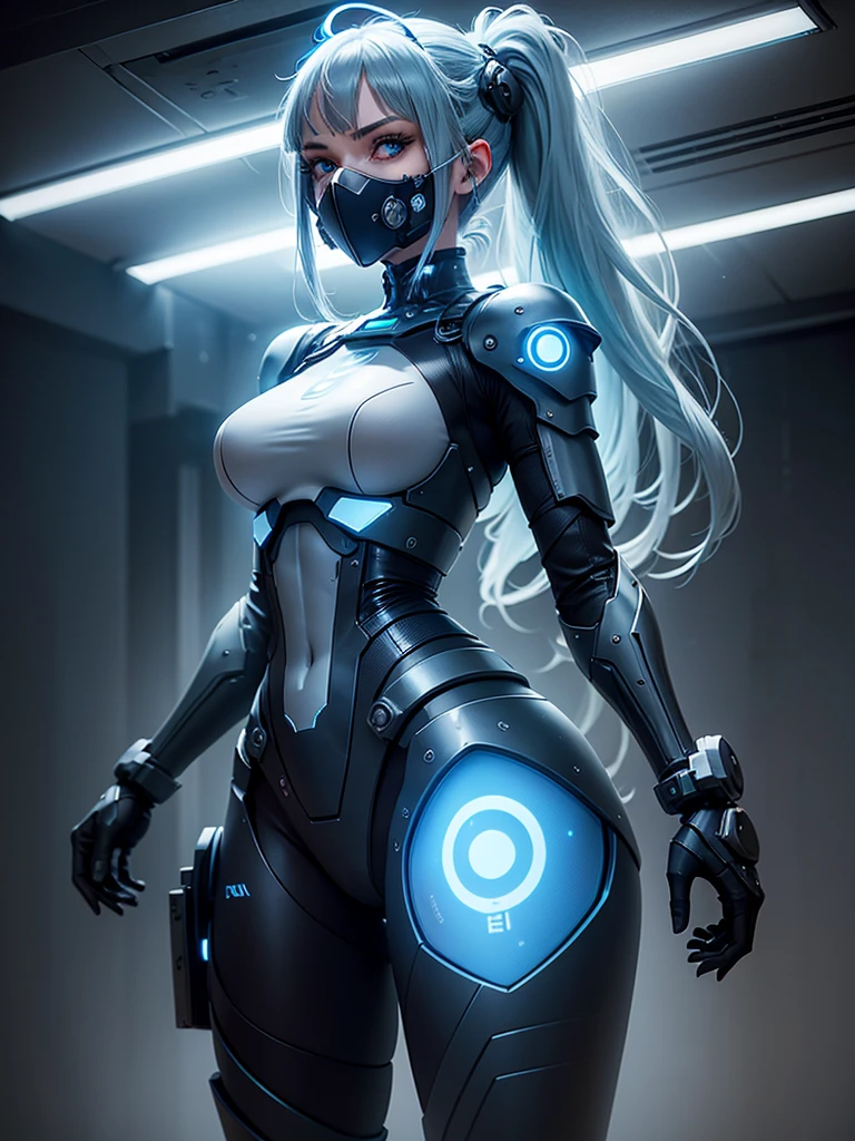 from below angle from below camera shoots from below cyborg warrior girl flat horizon photo, Girl android , she has long light blue hair, hair tied up in a ponytail, she has a mask on her face, a respirator, a woman with sexy hips, incredibly beautiful blue eyes and a gas mask on her face, half cyborg, technological modifications. Cool girl, Beautiful face, pretty face, look at the camera, blue metal cybernetic android robot body, Large, wide hips, suit with blue indicator lines with many blue details, blue colour corset, blue glowing lines on clothing details, cybernetic armor with a blue glow from under the joints and joints, she has blue eyes , frame with a flat horizon, Anime Style Photography , blue Lasers, black dark blue smoke background Cyberpunk style, high image detail, 4k quality, the camera films Her from below, lower angle of photography, black background image of a night black city and blue neon lights, blue lamps, blue lighting, blue flashes IN THE BACKGROUND are the blue lights of the night city and blue glowing glass shop windows