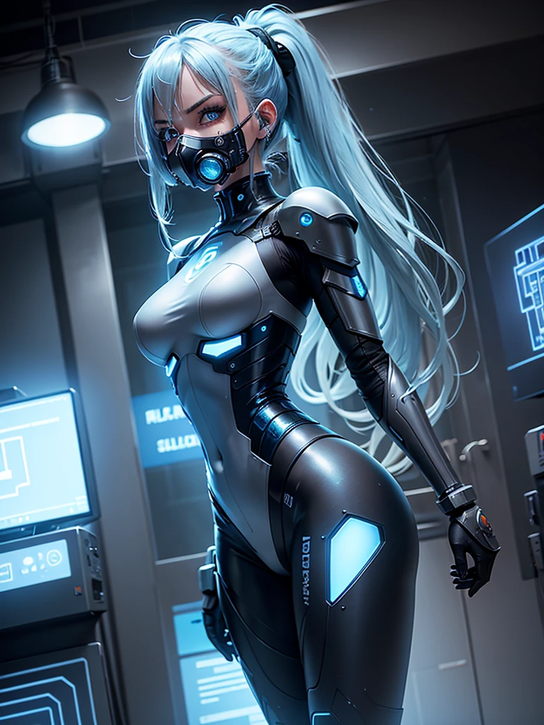 from below angle from below camera shoots from below cyborg warrior girl flat horizon photo, Girl android , she has long light blue hair, hair tied up in a ponytail, she has a mask on her face, a respirator, a woman with sexy hips, incredibly beautiful blue eyes and a gas mask on her face, half cyborg, technological modifications. Cool girl, Beautiful face, pretty face, look at the camera, blue metal cybernetic android robot body, Large, wide hips, suit with blue indicator lines with many blue details, blue colour corset, blue glowing lines on clothing details, cybernetic armor with a blue glow from under the joints and joints, she has blue eyes , frame with a flat horizon, Anime Style Photography , blue Lasers, black dark blue smoke background Cyberpunk style, high image detail, 4k quality, the camera films Her from below, lower angle of photography, black background image of a night black city and blue neon lights, blue lamps, blue lighting, blue flashes IN THE BACKGROUND are the blue lights of the night city and blue glowing glass shop windows