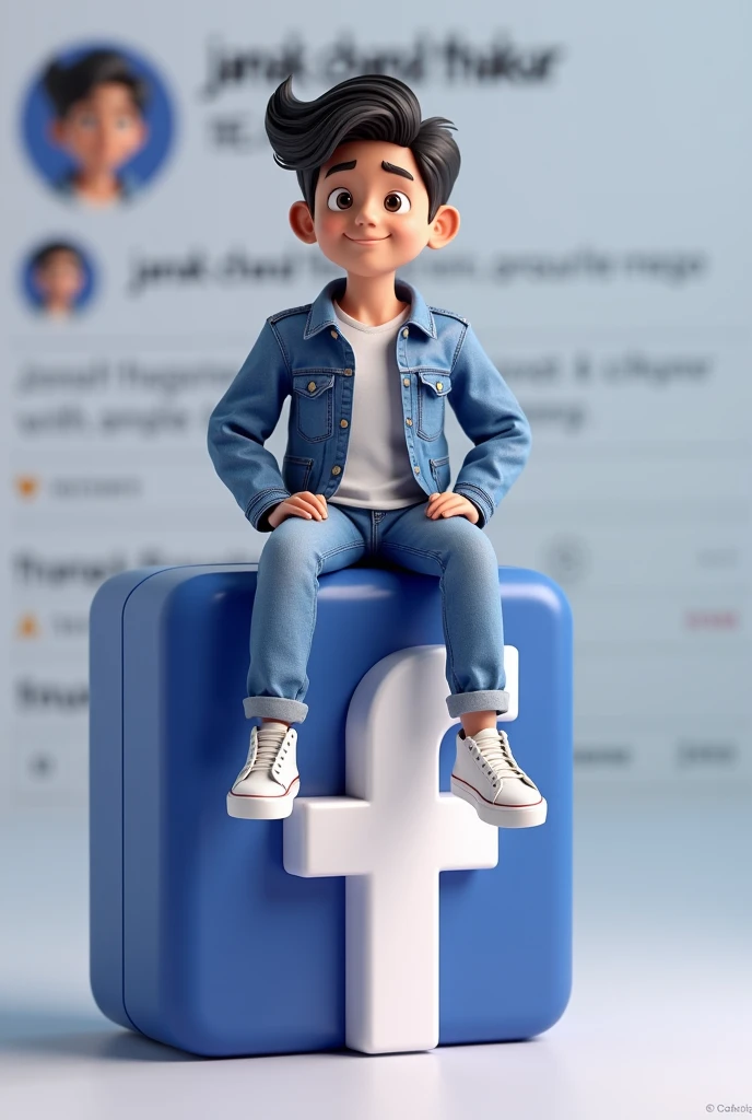 Create a 3D illustration of an animated character sitting casually on top of a social media logo "facebook". The character must wear casual modern clothing such as jeans jacket and sneakers shoes. The background of the image is a social media profile page with a user name "janak chand thakur" and a profile picture that match.