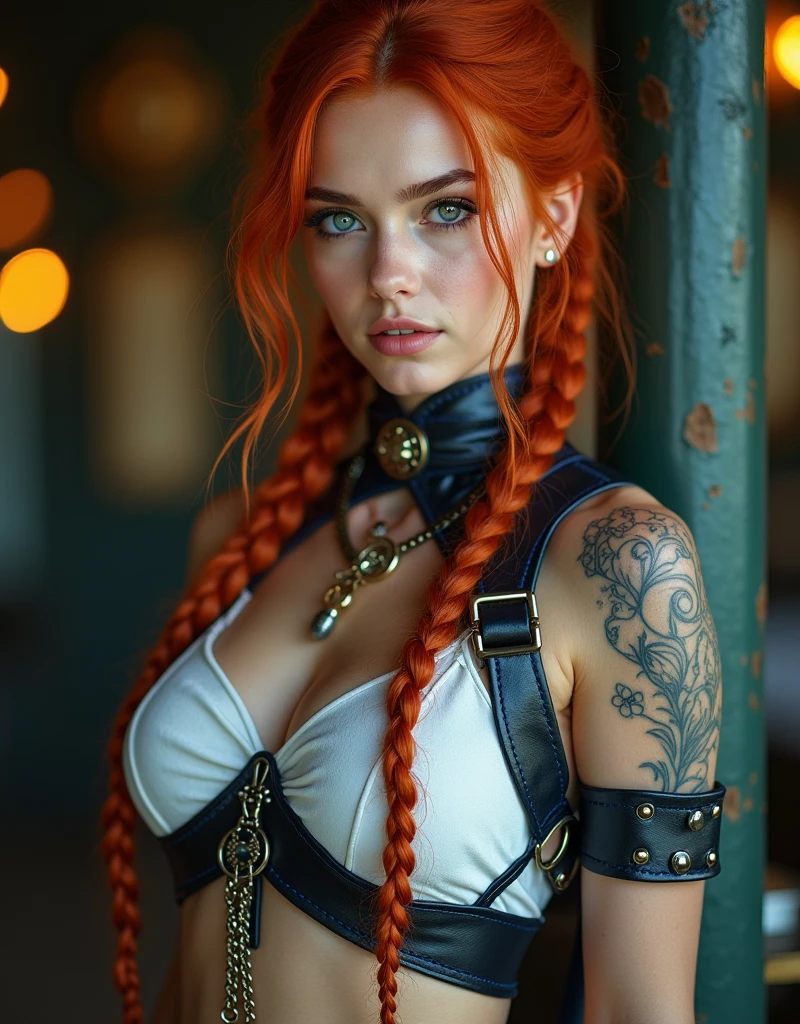cinematic photorealistic photography, a steampunk girl in a, (white top: 1.2), black and blue leather outfit, tattoo, hyper detailed, ultra sharp, long red hair in braids, 8k, (insanely detailed: 1.5), full shot photography, 200 megapixels, cinematic lighting, detailed skin, masterpiece,