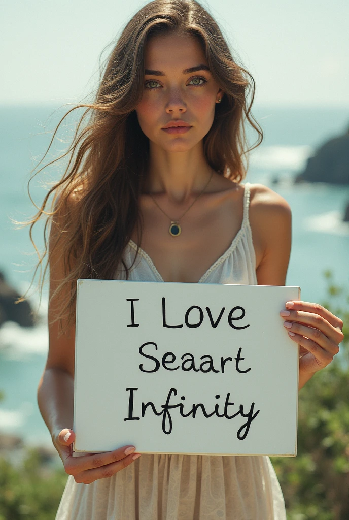 Beautiful girl with wavy long hair, bohemian dress, holding a white board with text "I Love Seaart Infinity" and showing it to the viewer