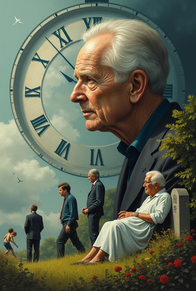 It generates the image of the death of a man over time. But in the way that a human being grows from a child playing in a garden until he is an adult at work and an old man in a hospital bed and then a tombstone that represents his death at the end and in the background a large clock. 