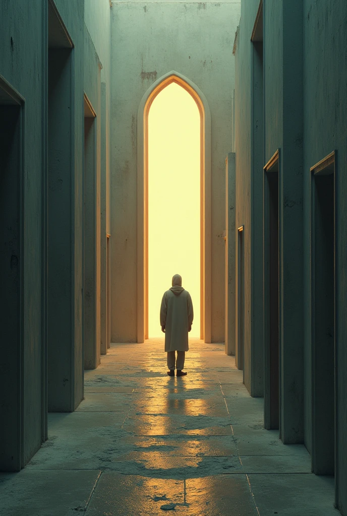 I want you to create an image where it doesn&#39;t look like it was made by AI, but it looks more like Photoshop, where you perform Dani Ribba&#39;s song, where you allude to the fact that there are a thousand infinite doors and the last one is illuminated (that there is one door after another) 